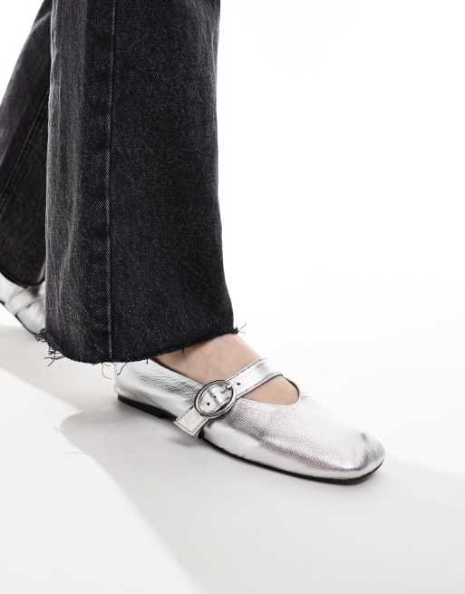 ASOS DESIGN Wide Fit Luxe Premium Leather Mary Jane ballet flats in silver