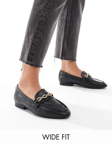 ASOS DESIGN Wide Fit Macaroon chain loafers in black - view 1