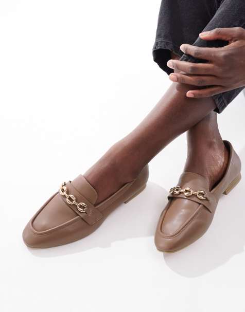 ASOS DESIGN Wide Fit Macaroon chain loafers in tan - view 1
