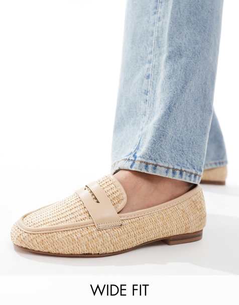 ASOS DESIGN Wide Fit Maddox raffia slim loafers in natural - view 1