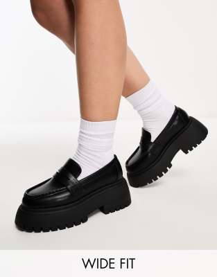 ASOS DESIGN Wide Fit Maestro chunky loafer with apron panel in black