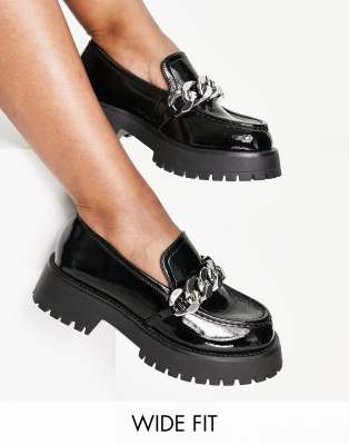 Asos Design Wide Fit Mai Chunky Chain Loafers In Black Patent