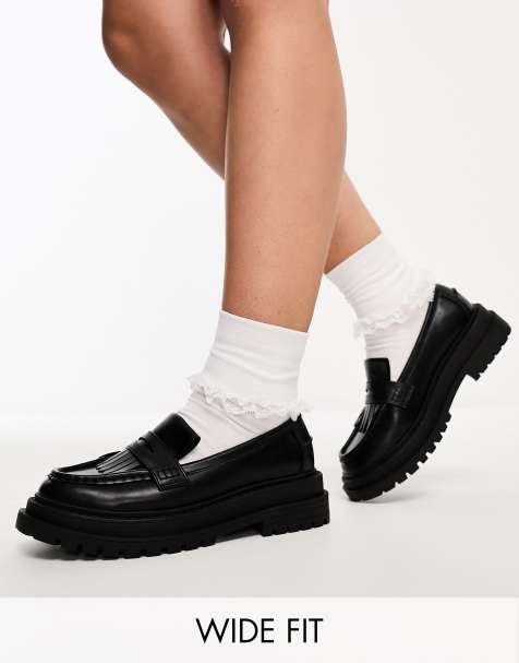 ASOS DESIGN Wide Fit Majesty chunky fringe loafers in black - view 1