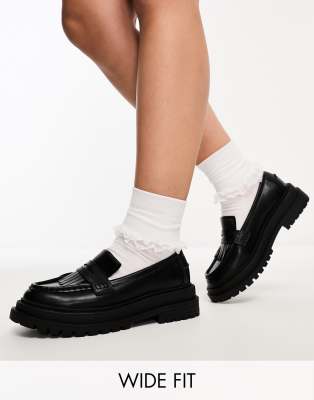 ASOS DESIGN Wide Fit - Majesty - Schwarze Loafer mit dicker Sohle und Fransen