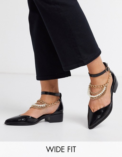 ASOS DESIGN Wide Fit Manual embellished anklet detail flat shoes in black