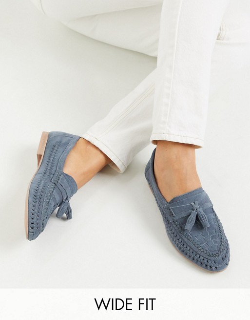 ASOS DESIGN Wide Fit Marble suede weave flat shoes in blue