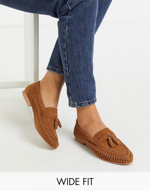 ASOS DESIGN Wide Fit Marble suede weave flat shoes in tan