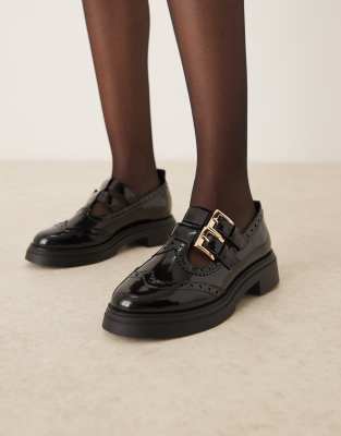 ASOS DESIGN Wide Fit - Marigold - Flache Schuhe in Schwarz mit Schnalle und dicker Sohle