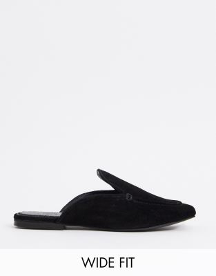 black suede flat mules