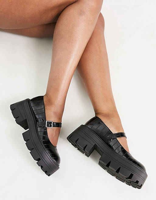 Muldyr sammen utilgivelig ASOS DESIGN Wide Fit - Marilyn - Sorte mary jane-sko med chunky fald sål |  ASOS