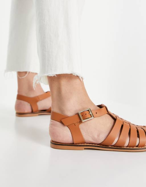 ASOS DESIGN Wide Fit Marina leather fisherman flat shoes in tan, 3 of 4