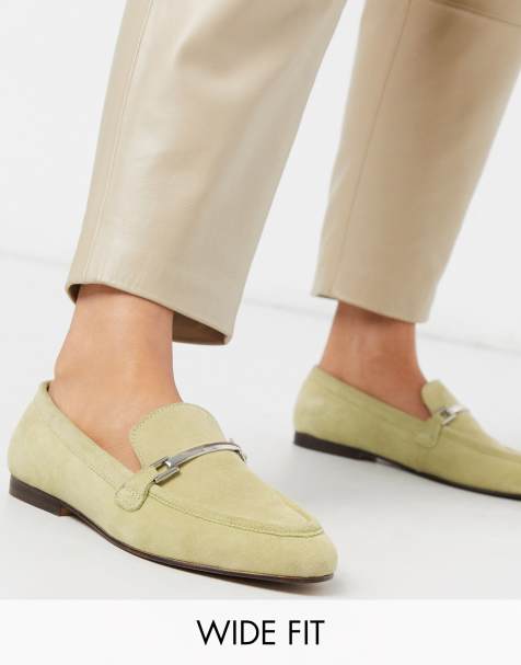 ASOS DESIGN Wide Fit Mariot leather chain loafers in green - view 1
