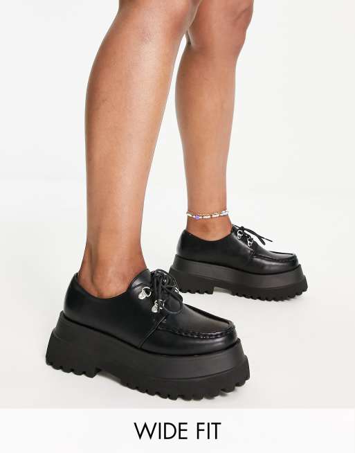 ASOS DESIGN - Wide Fit - Mayan - Sorte chunky flade snøresko