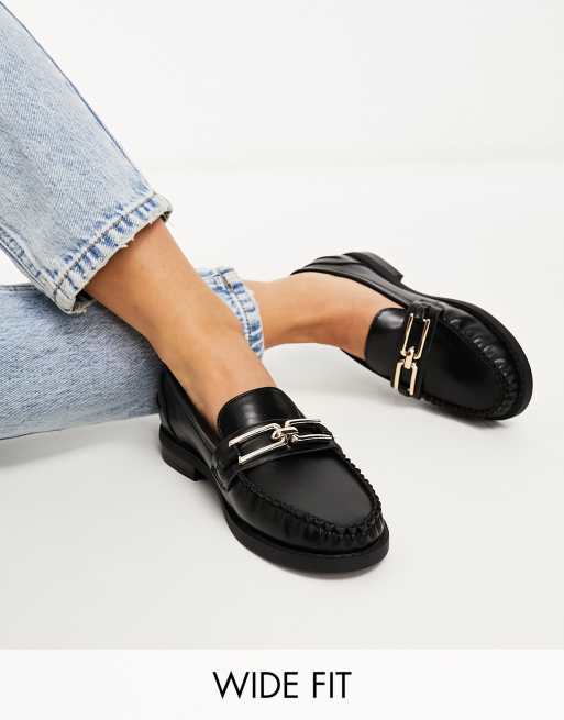 ASOS DESIGN Wide Fit Verity loafer flat shoes with trim in black