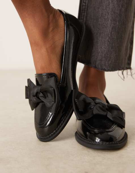 ASOS DESIGN Wide Fit Memphis bow detail flat shoes in black - view 1