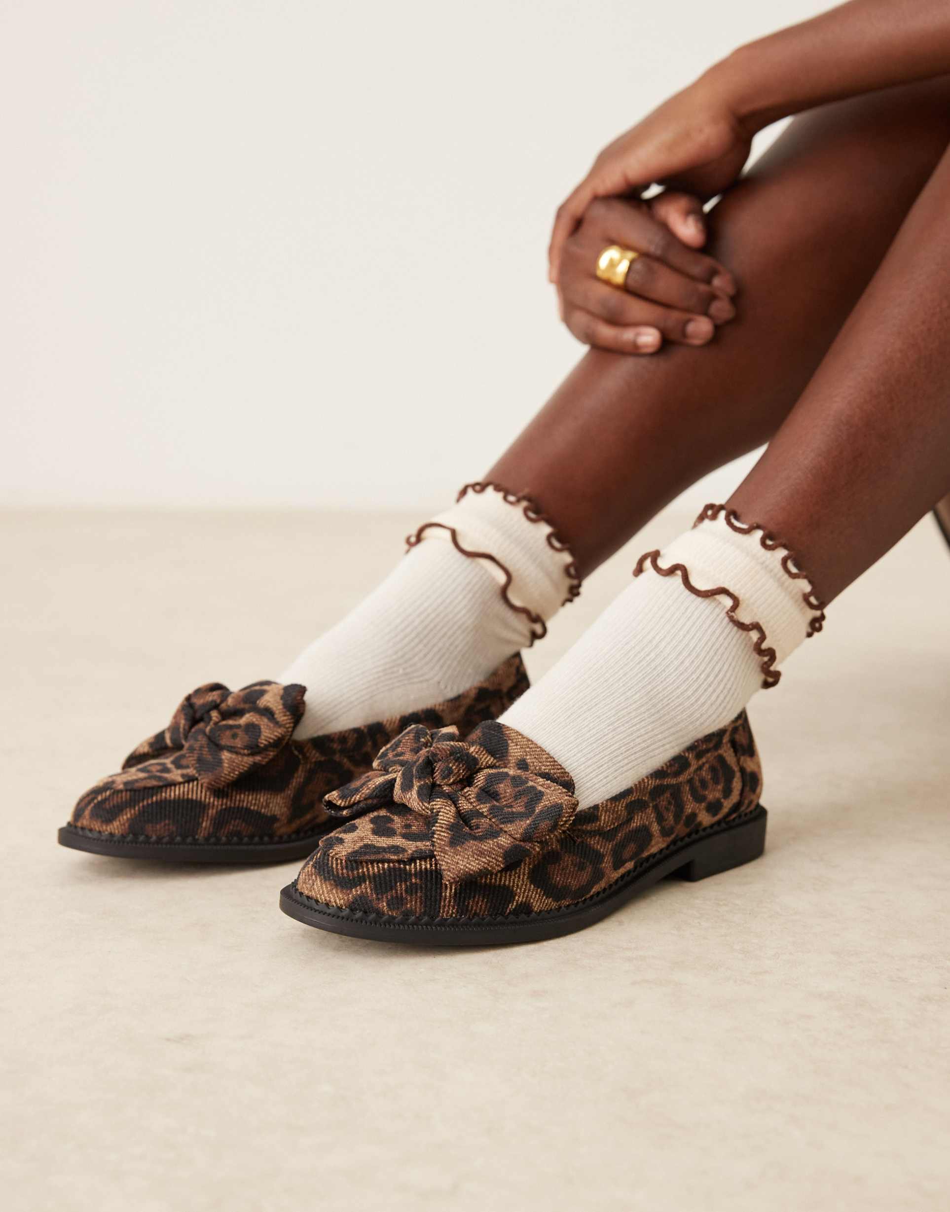 asos design wide fit memphis bow detail flat shoes in leopard
