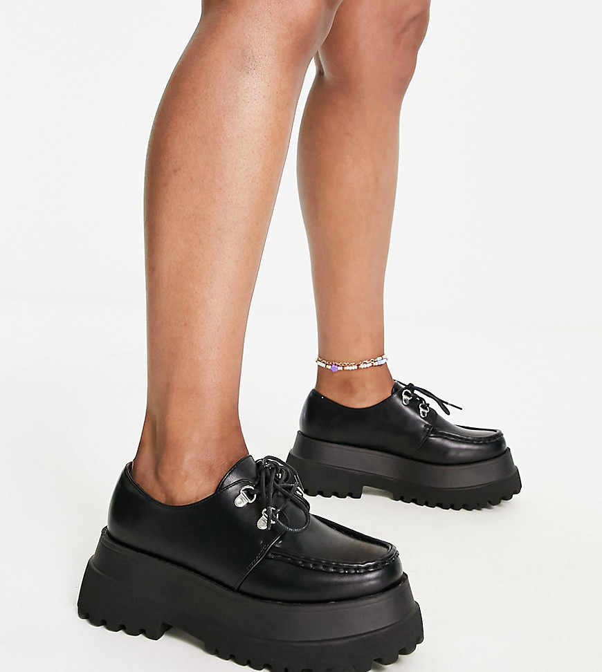 ASOS DESIGN Wide Fit Memphis chunky lace up flat shoes in black