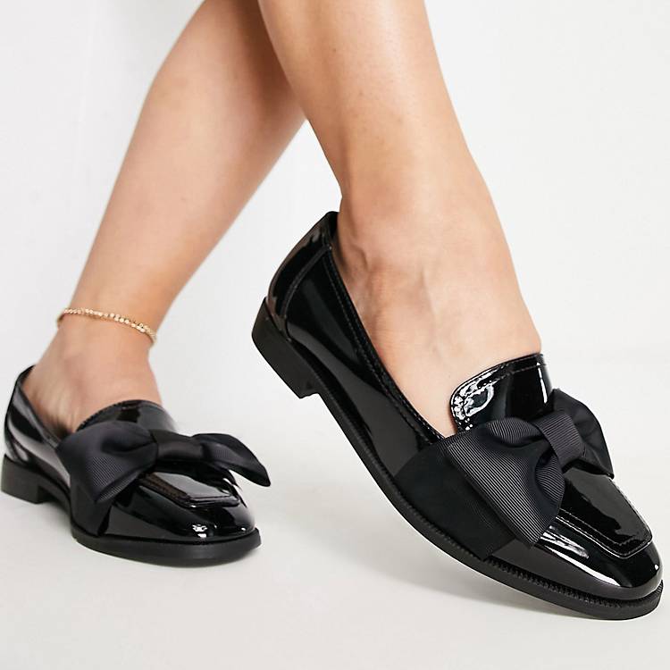 ASOS DESIGN Wide Fit Mentor bow loafer flat shoes in black patent