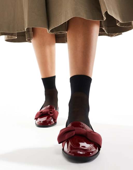 ASOS DESIGN Wide Fit Mentor bow loafer flat shoes in burgundy