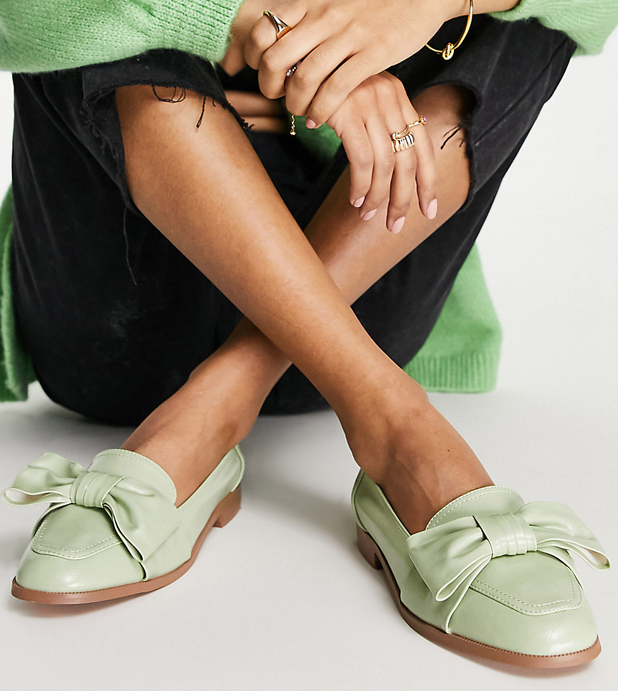 ASOS DESIGN Wide Fit Mentor bow loafer flat shoes in green
