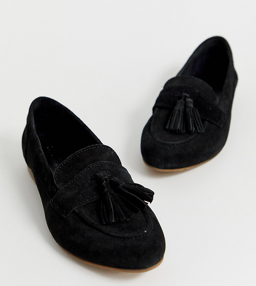 ASOS DESIGN Wide Fit Message suede tassel loafers in black