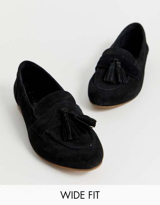 Asos Design Wide Fit Message Suede Tassel Loafers In Black Asos 9015