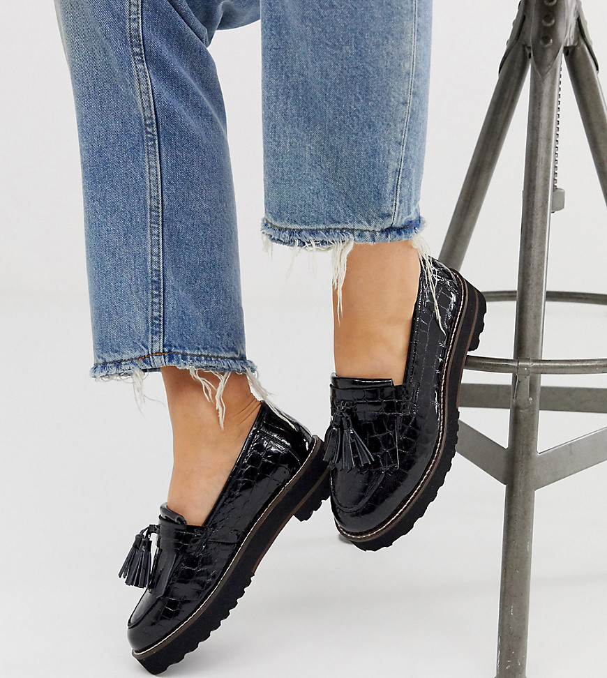 ASOS DESIGN Wide Fit Meze chunky fringed leather loafers in black