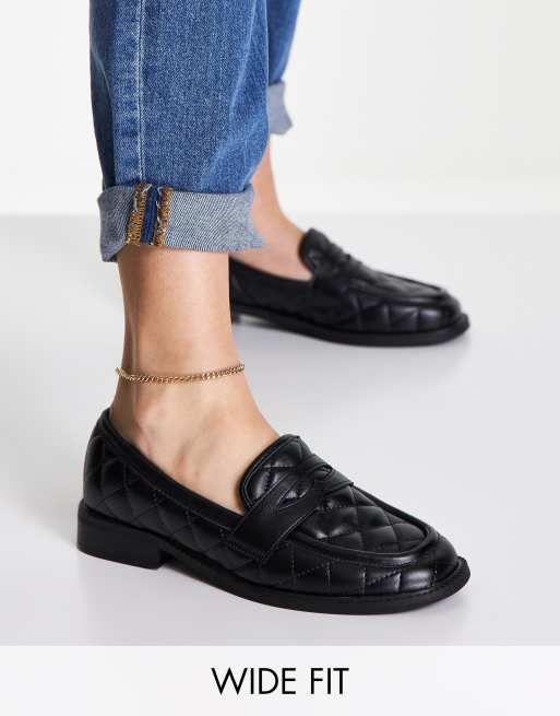 ASOS DESIGN Wide Fit – Mighty – Czarne pikowane płaskie loafersy