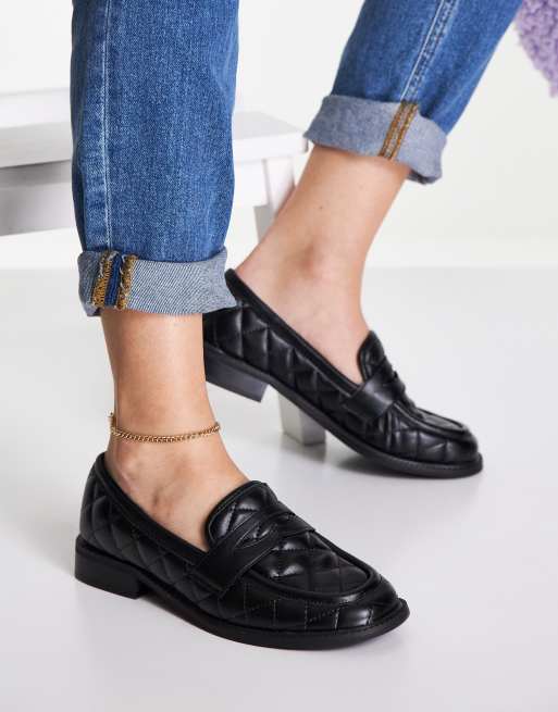 ASOS DESIGN Wide Fit Mighty quilted padded flat loafers in black