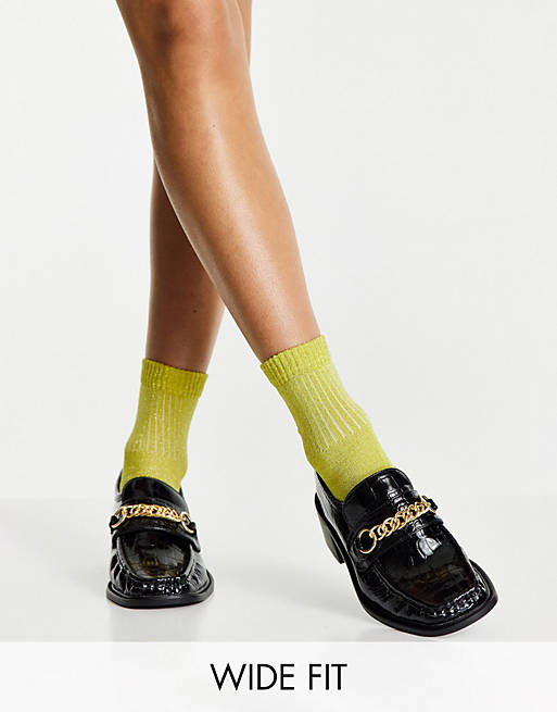 ASOS DESIGN Wide Fit Mimi square toe loafers in black croc