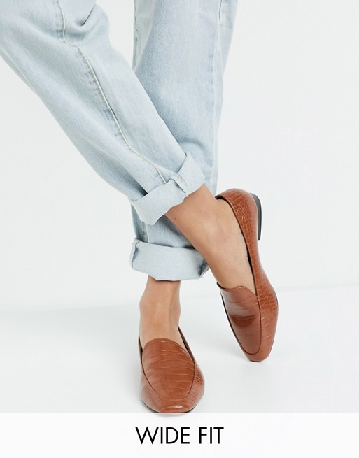ASOS DESIGN Wide Fit Mindy flat loafers in tan croc