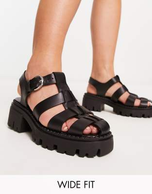ASOS DESIGN Wide Fit - Minnow - Flache Fischerschuhe aus Leder in Schwarz, weite Passform