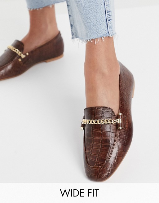 ASOS DESIGN Wide Fit Minute leather chain loafers in brown croc