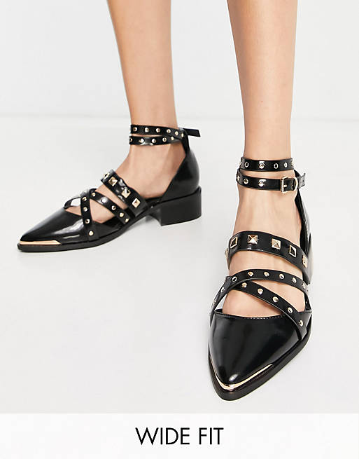 ASOS DESIGN Wide Fit Modish hardware point flat shoes in black