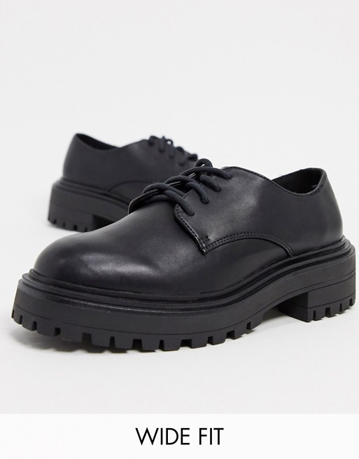 ASOS DESIGN Wide Fit Money chunky lace up flat shoes in black