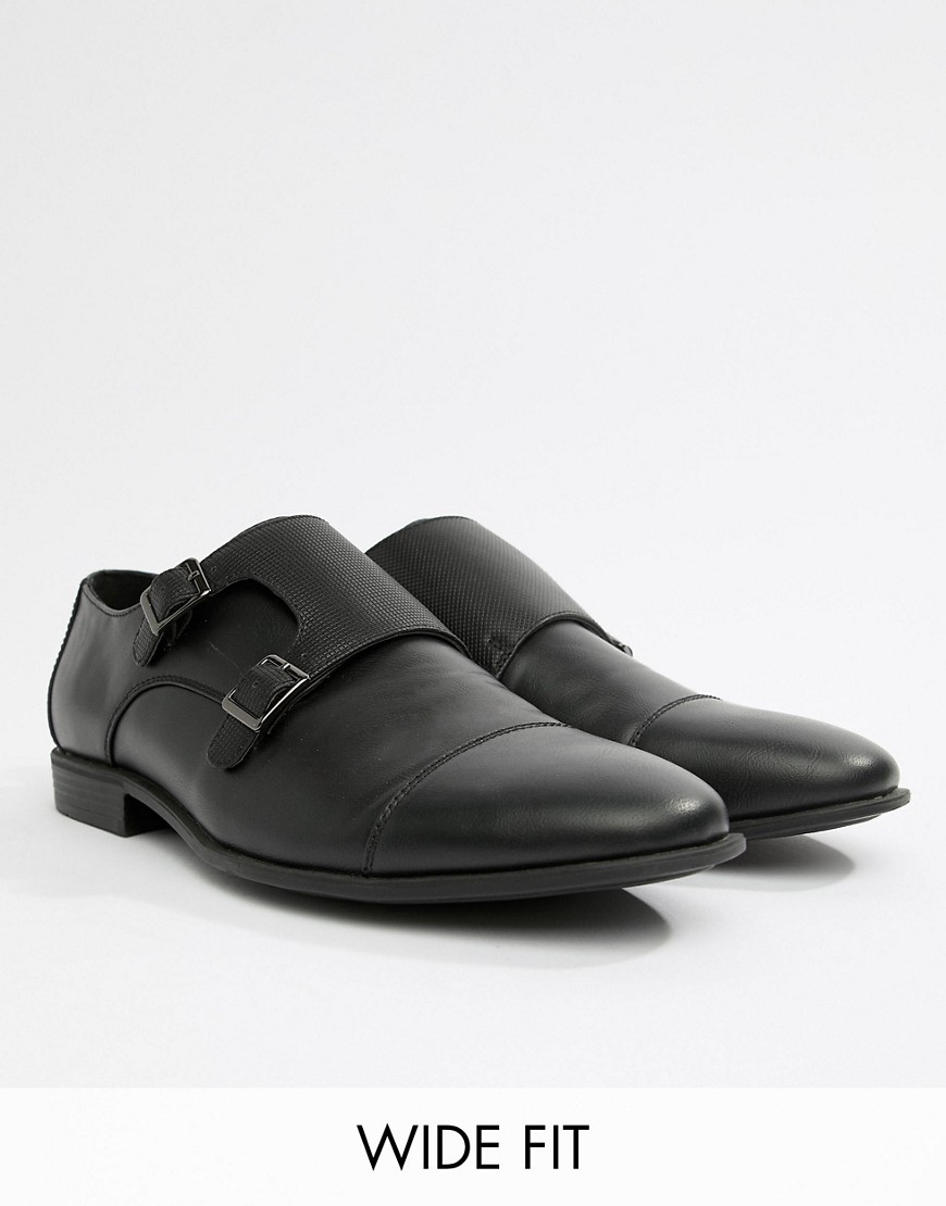 ASOS DESIGN Wide Fit monk shoes in black faux leather with emboss panel