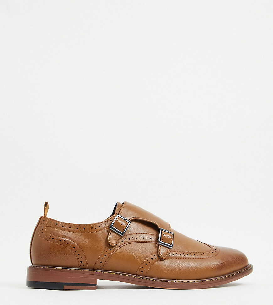 ASOS DESIGN Wide Fit monk shoes in brown faux leather with double strap