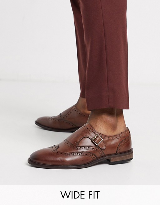 ASOS DESIGN Wide Fit monk shoes in brown leather with brogue detail