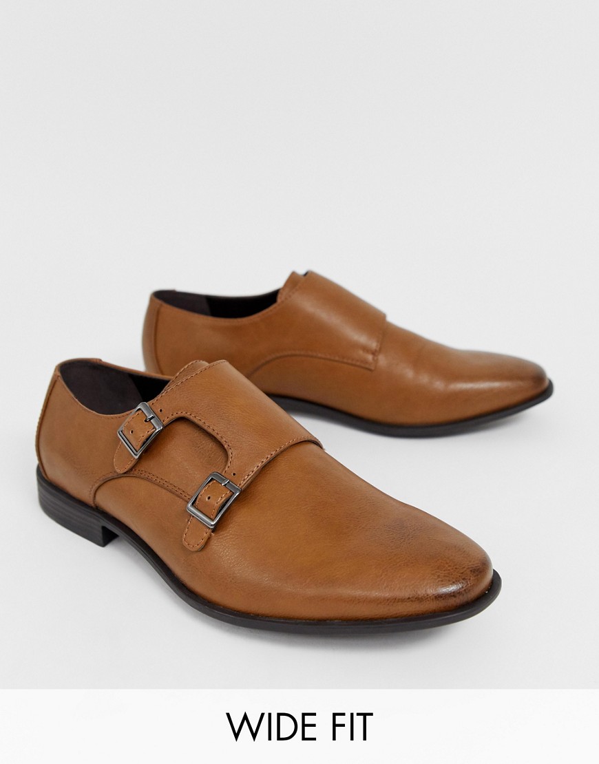 ASOS DESIGN Wide Fit monk shoes in tan faux leather
