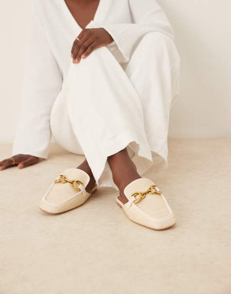 ASOS DESIGN Wide Fit Mosaic flat loafer mules in natural fabrication - view 1