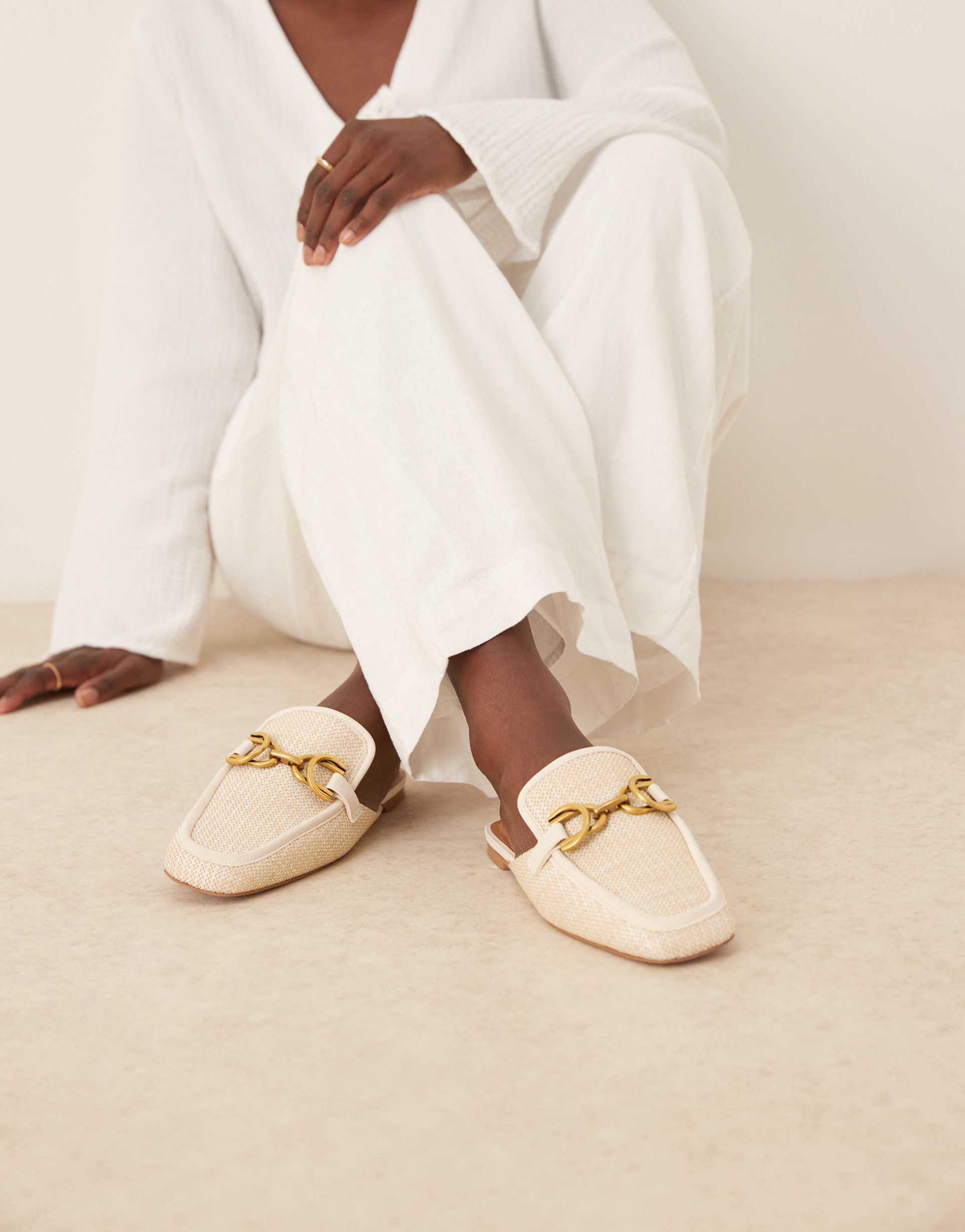 asos design wide fit mosaic flat loafer mules in natural fabrication