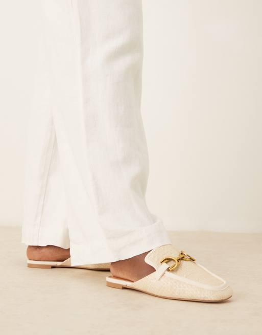 ASOS DESIGN Wide Fit Mosaic flat loafer mules in natural fabrication