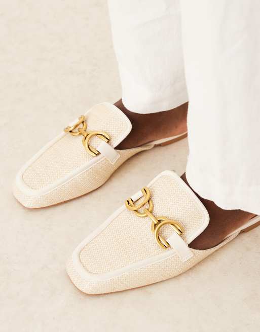 ASOS DESIGN Wide Fit Mosaic flat loafer mules in natural fabrication