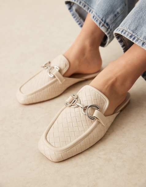 ASOS DESIGN Wide Fit Mosaic flat loafer mules in off-white weave - view 1
