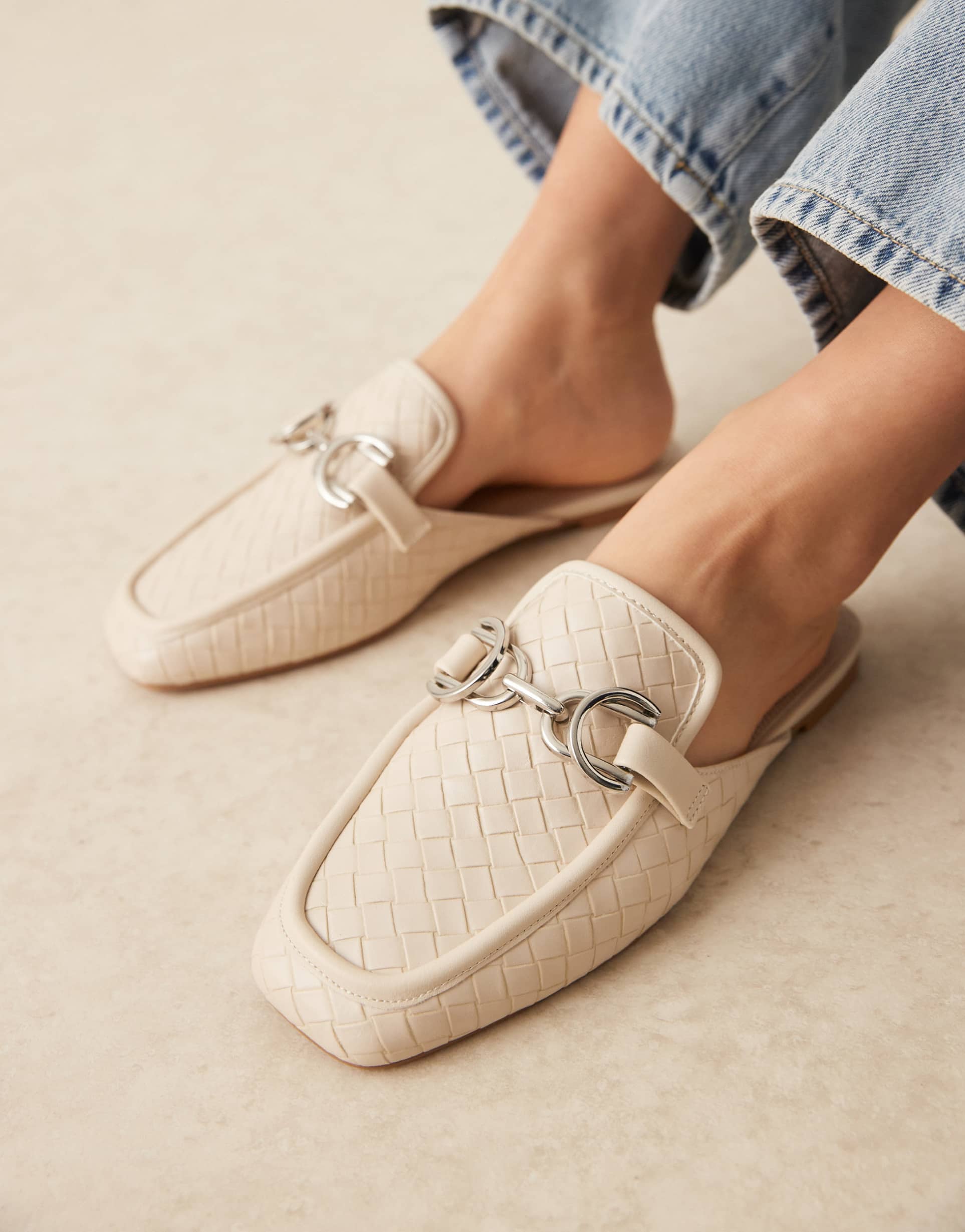 asos design wide fit mosaic flat loafers mules in off-white weave