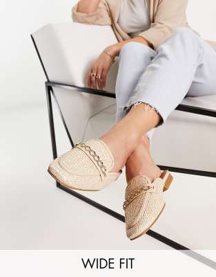 ASOS DESIGN Wide Fit Motto chain flat raffia mules in beige