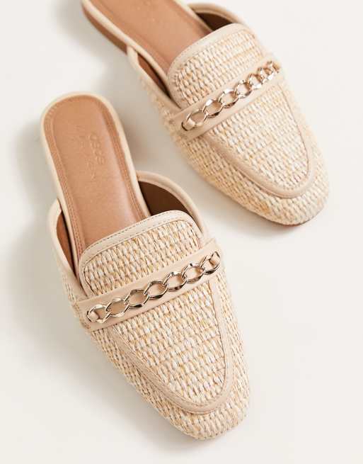 ASOS DESIGN Wide Fit Motto chain flat raffia mules in beige