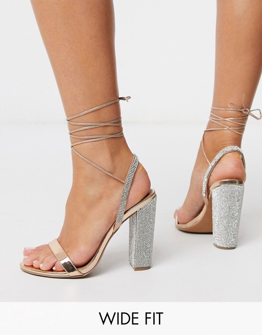 ASOS DESIGN Wide Fit Narrator strappy sandals with embellished heel in rose gold