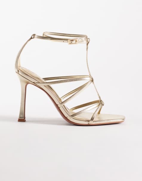 ASOS DESIGN Wide Fit – Natalia – Sandaletten in Gold mit T-Steg im Gitterdesign und hohem Absatz, weite Passform - view 1