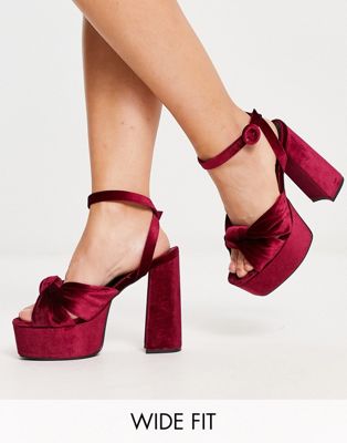 ASOS DESIGN Wide Fit Natia knotted platform heeled sandals in burgundy